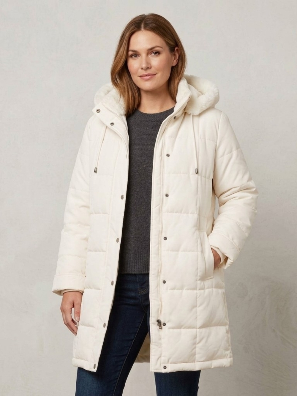💐NEW Centigrade Goose Down Jacket Womens M Cream Faux Fur Longline Y2K Winter - Picture 2 of 16